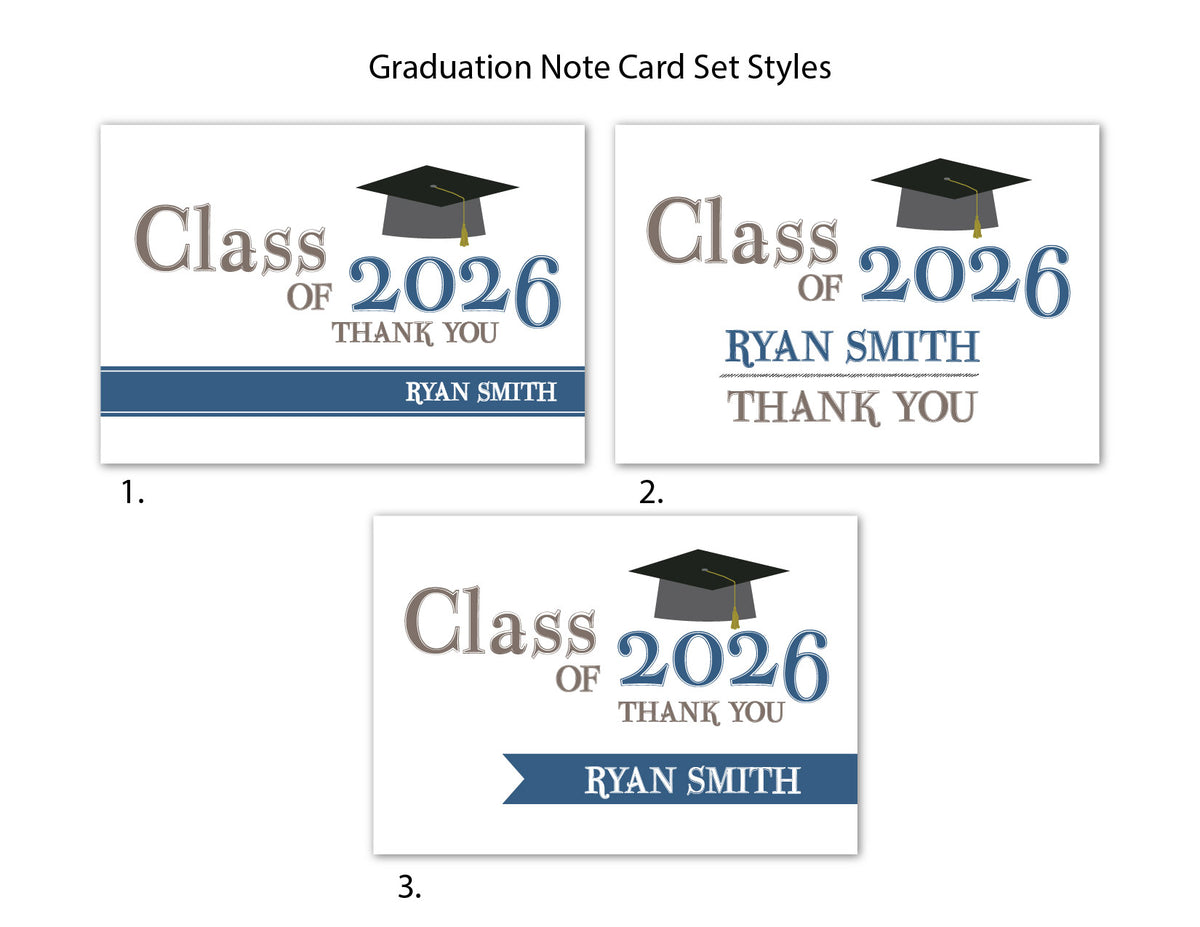 Graduation-themed thank you cards with 'Class of 2026' text and customizable names.