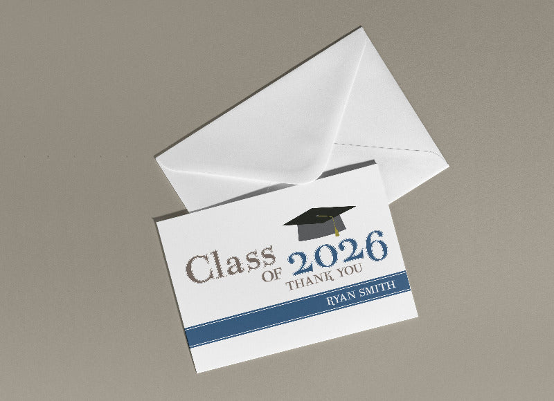 Graduation thank you card with envelope on a gray background